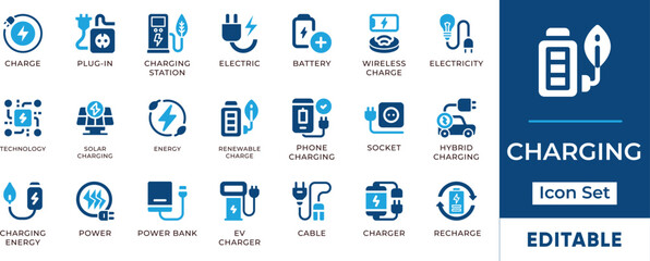 Charging Icon Set. Features charge, power, lightning, energy, full, charged, fast, wireless, level, low, electricity, voltage, and editable