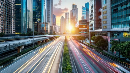 Obraz premium Light flow of traffic on a evening highway in a city with modern high buildings