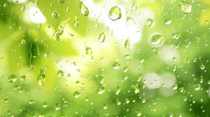 Delicate raindrops slide down a glass surface with a soft, green background of foliage. The blurred backdrop and focused droplets create a refreshing, tranquil scene, capturing the essence of a rainy