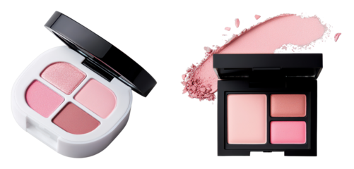 Two makeup palettes featuring various shades of pink blush, highlighting beauty products for cosmetic application.