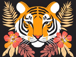 Fototapeta premium Vivid illustration of a tiger face framed by tropical flowers and leaves on a black background, ideal for modern decor, posters, and exotic wildlife-themed designs...