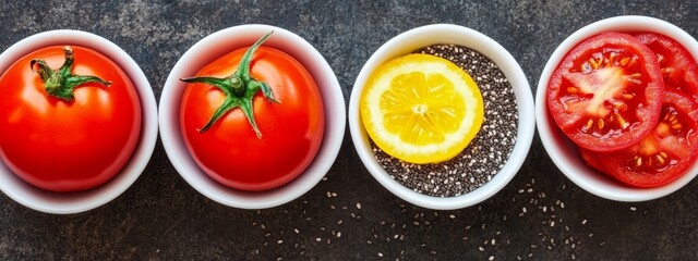 Fresh Fruits,Vegetables,and Chia Seeds Against a Dark Background.Concept of Healthy eating, fresh produce,nutrition,wellness,Food and beverage,health food stores,wellness apps,nutrition consulting.