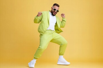 Fototapeta premium Caucasian young male celebrating in bright lime outfit