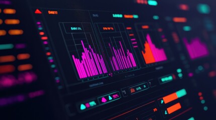A vibrant digital dashboard displaying colorful data visualizations and graphs in a futuristic interface.