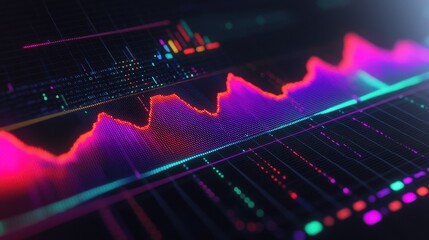 A vibrant digital visualization of data trends, featuring colorful waveforms and graphs against a dark background.