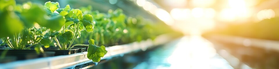 Sunlit hydroponic farm with lush green plants