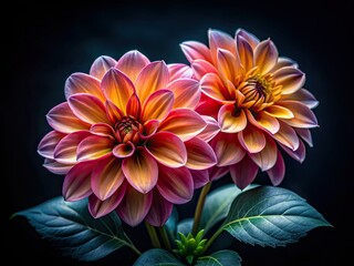 Obraz premium Close-Up Architectural Floral Composition: Two Flowers with Leaves on Black Background - Nature's Elegance in Detail
