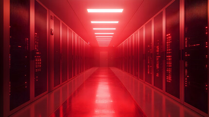 Red Lit Server Room Corridor 3D Illustration
