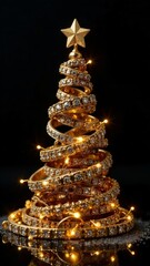 Jewelry fashion, luxury creative golden Christmas tree jewels, glamour beauty rings wearing expensive gold stylish Jewelry on black background, celebration Christmas and New year.