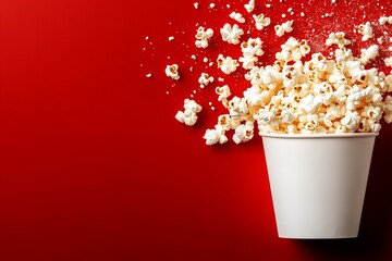 Popcorn sprinkling from bucket on vibrant red background