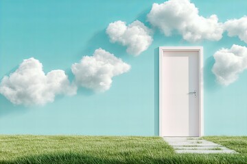 White door standing in lush green field under a clear blue sky with fluffy clouds