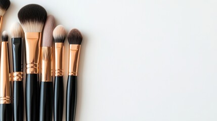 A Chic Arrangement of Black and Rose Gold Makeup Brushes on a White Background.Concept of Beauty,makeup,luxury,elegance, glamour,Cosmetics, beauty blogging,makeup artistry,photography.