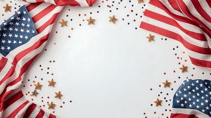 Fototapeta premium A festive banner design featuring a frame of red, white, and blue American flags along with scattered confetti stars on a clean white background