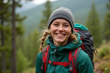 Happy woman backpacker hiking in a mountain forest, wearing yellow and brown, with a background of green trees. Female hiker on an outdoor adventure trip in nature.