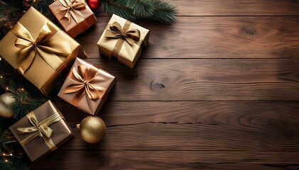 Fototapeta premium Christmas gifts placed on wooden table with copy space. Christmas gifts with copy space. Copy space Christmas background.