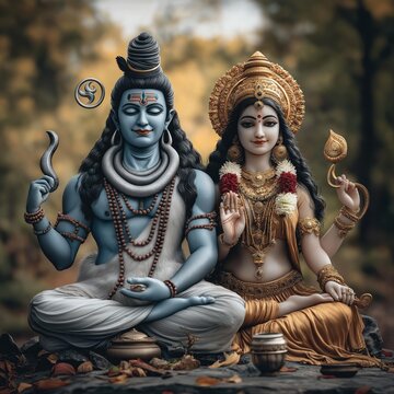 Lord Shiva, Goddess Parvati sit together in serene pose. Hindu deities wear elaborate attire, sacred jewelry. Ancient artistic style. Illustration captures divine couple. Spiritual art piece.