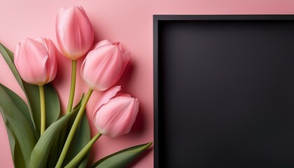 Pink tulips on a pink background with a black frame.