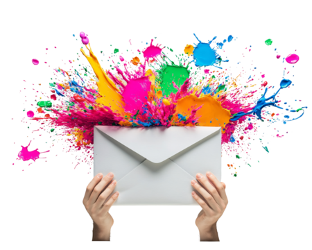 a white envelope with colorful paint splashing out of it