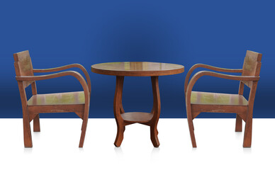 side view two wooden chair with backrest and one Round wooden table on white floor and blue wall...