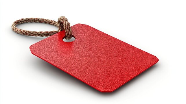 A small red square tag with a string hangs on a dark wooden surface.
