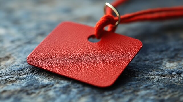 A small red square tag with a string hangs on a dark wooden surface.