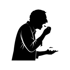 Black and White Illustration of a Man Eating with a Spoon