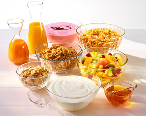 Quark Dessert Fruehstueck mit Obstsalat, Müsli, 
