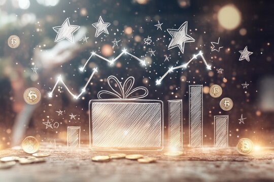 A stylized illustration of growth and success symbolized by a gift box, charts, and coins.