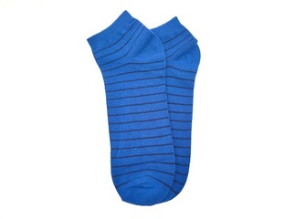 Top view of a pair of blue short socks with dark blue stripes, isolated on a white background.