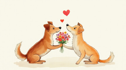 Obraz premium Watercolor dogs in Love with Bouquet and Hearts. Valentines day romantic dogs with flowers