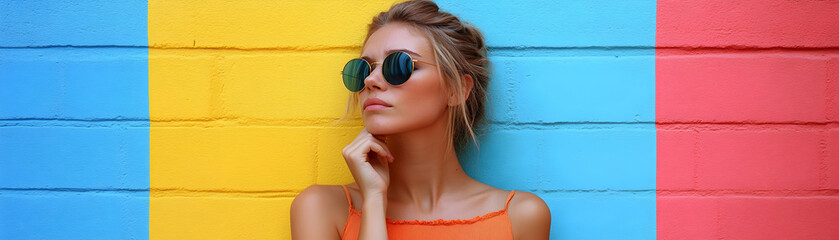 Naklejka premium Woman in Orange Tank Top Poses Against a Vibrant Multicolored Brick Wall