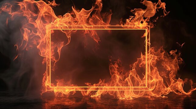 Fiery frame engulfed in flames. Intense orange and red hues dominate the dark background.