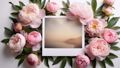 Pink peonies surround a framed photo of a hazy sunset over a calm body of water.