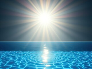 A brilliant beam of sunlight cuts through the air illuminating the ripples on the pool's surface, optical effects, light beams