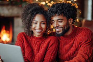 Fototapeta premium Happy couple in red sweaters using a laptop by the fireplace, with warm holiday lights in the background.