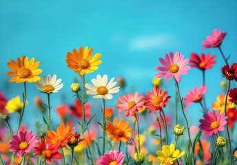 Fototapeta premium Vibrant Field of Colorful Daisies Under a Clear Blue Sky, Capturing the Beauty of Nature in Full Bloom with Bright Petals in Various Shades