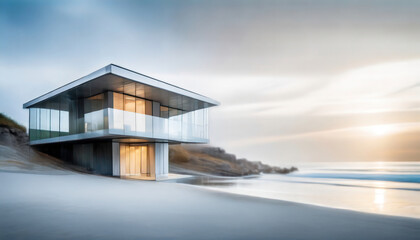 Fototapeta premium A modern and sleek glass house on a sandy beach during sunset, showcasing minimalistic architecture and a tranquil seascape