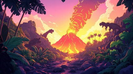 Dynamic volcano scene with neon jungle plants and glowing prehistoric vibes