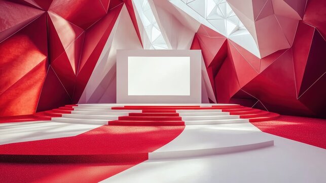 A modern stage design featuring striking red geometric walls, a white podium, and a large blank screen, creating a dynamic presentation space.
