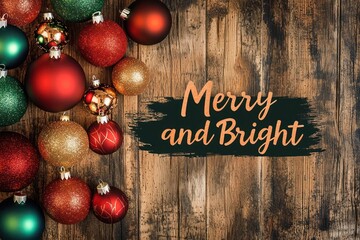 Farmhouse holiday design with a mix of classic red, forest green, and muted metallic gold ornaments, set against a wood grain background with copper highlights. 