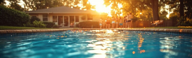Pool with people standing around it, summer, party