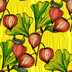 Seamless Pattern with Ginkgo and Physalis. Color sketch style hand drawn background. Detailed illustration, hand drawn. Great for fabric and textile, prints, invitation, packaging