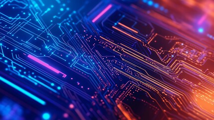 Close-up of intricate orange and blue circuit board patterns glowing in a futuristic technology theme.