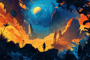 Obraz premium A vibrant cosmic landscape with a lone figure gazing at distant planets and colorful skies.