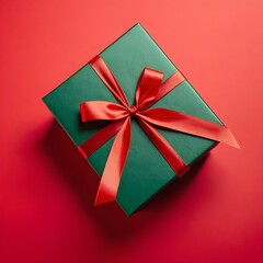 A beautifully wrapped green gift box with a red ribbon on red background for Christmas 