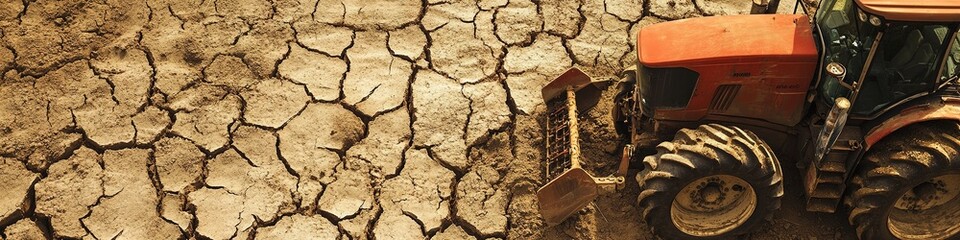 Red tractor on cracked dry soil, concept of drought and agricult