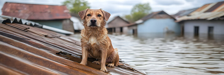 Wet Dog on Flooded Roof, Canine Waits Amidst Rising Waters and Damaged Homes