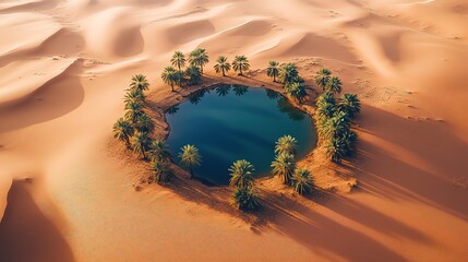 Oasis in desert with palms and blue water