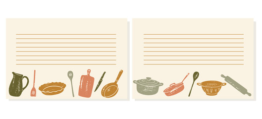 Collection of recipe card or sheet templates for making notes about meal preparation and cooking ingredients. Empty cookbook pages.