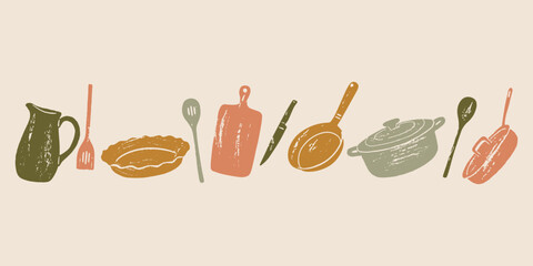 Banner with variety kitchen utensils. Hand drawn grunge vector illustration of different kitchen utensils. Pot, frying pan, knives, jug and kitchen spatulas. Cooking Background.